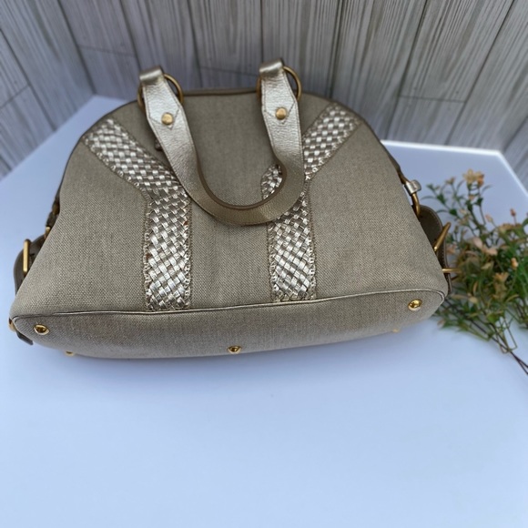 Yves Saint Laurent Muse Tan Canvas Leather Satchel Handbag Gold Tone Hardware - Picture 10 of 12